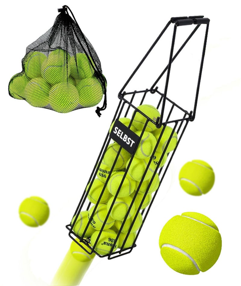 Selbst Tennis Ball Hopper, Portable Basket Pickleball Collector with Tennis Balls 12PCS - Large Capacity Carrier Picker Upper Caddy - Image 1